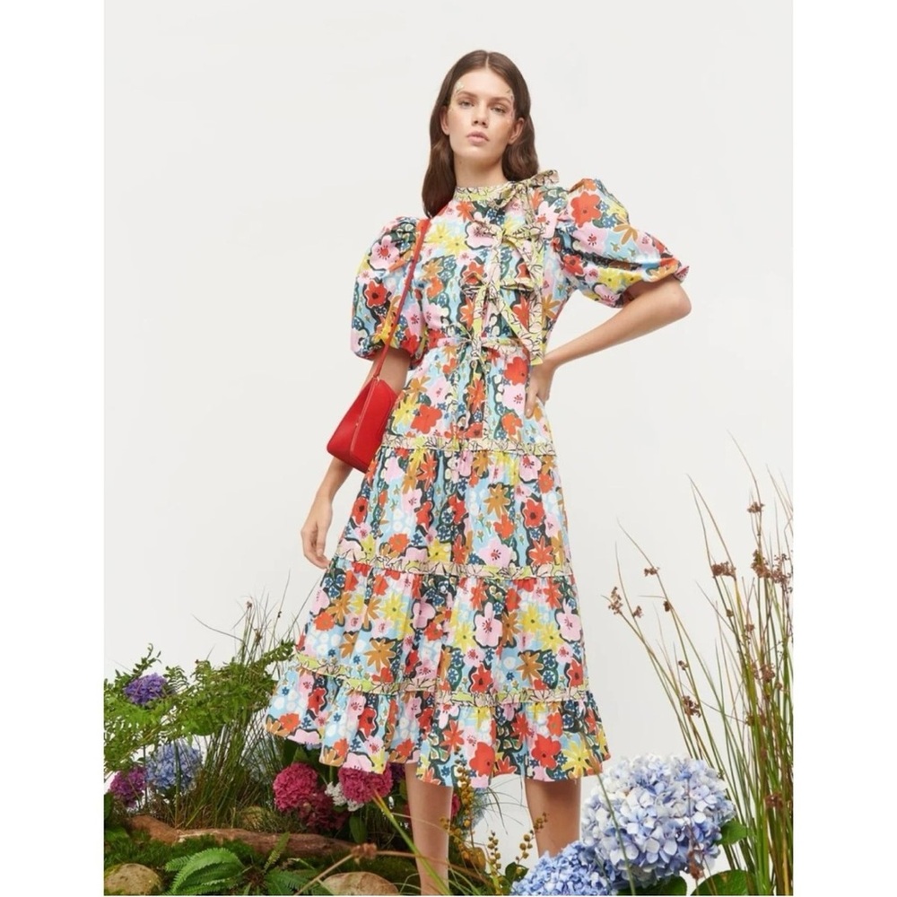 NWT CeliaB Ingrid Floral Puff Sleeve Bow Tie Front Midi Dress Size XL